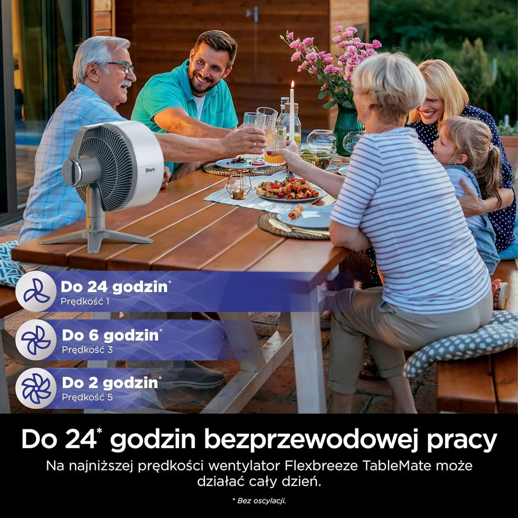 Shark FlexBreeze TableMate Akumulatorowy wentylator wewnętrzno-zewnętrzny, do 24 godz. pracy, wydajne chłodzenie, zasięg 20 m, cichy, 5 prędkości, oscylacja, zdalne sterowanie, zimna mgiełka, FA150EU