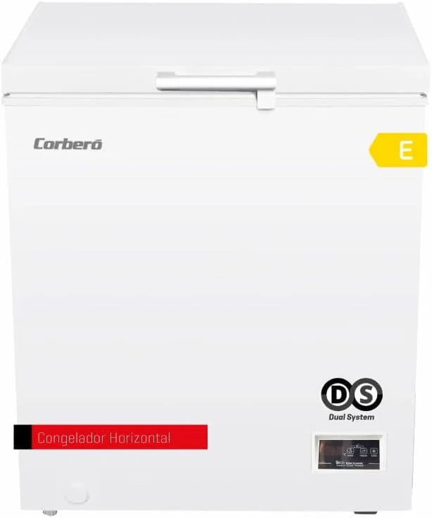 Corbero - Zamrażarka skrzyniowa 142L | CCHH15024E | Elektroniczne sterowanie z wyświetlaczem | Oświetlenie LED | Uchwyt | 1 kosz wewnętrzny | 2 kółka | 2 regulowane nóżki | 40 dB | Klasa energetyczna E | Biała
