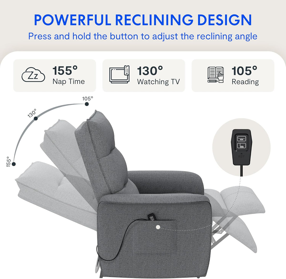 FLEXISPOT Elektryczny Fotel Relaksacyjny z Regulowanym Oparciem, Odchylany od 105° do 155°, Fotel Rozkładany, Ergonomiczna Sofa Relaksacyjna do Sypialni, Salonu i Kina Domowego (Ciemnoszary)