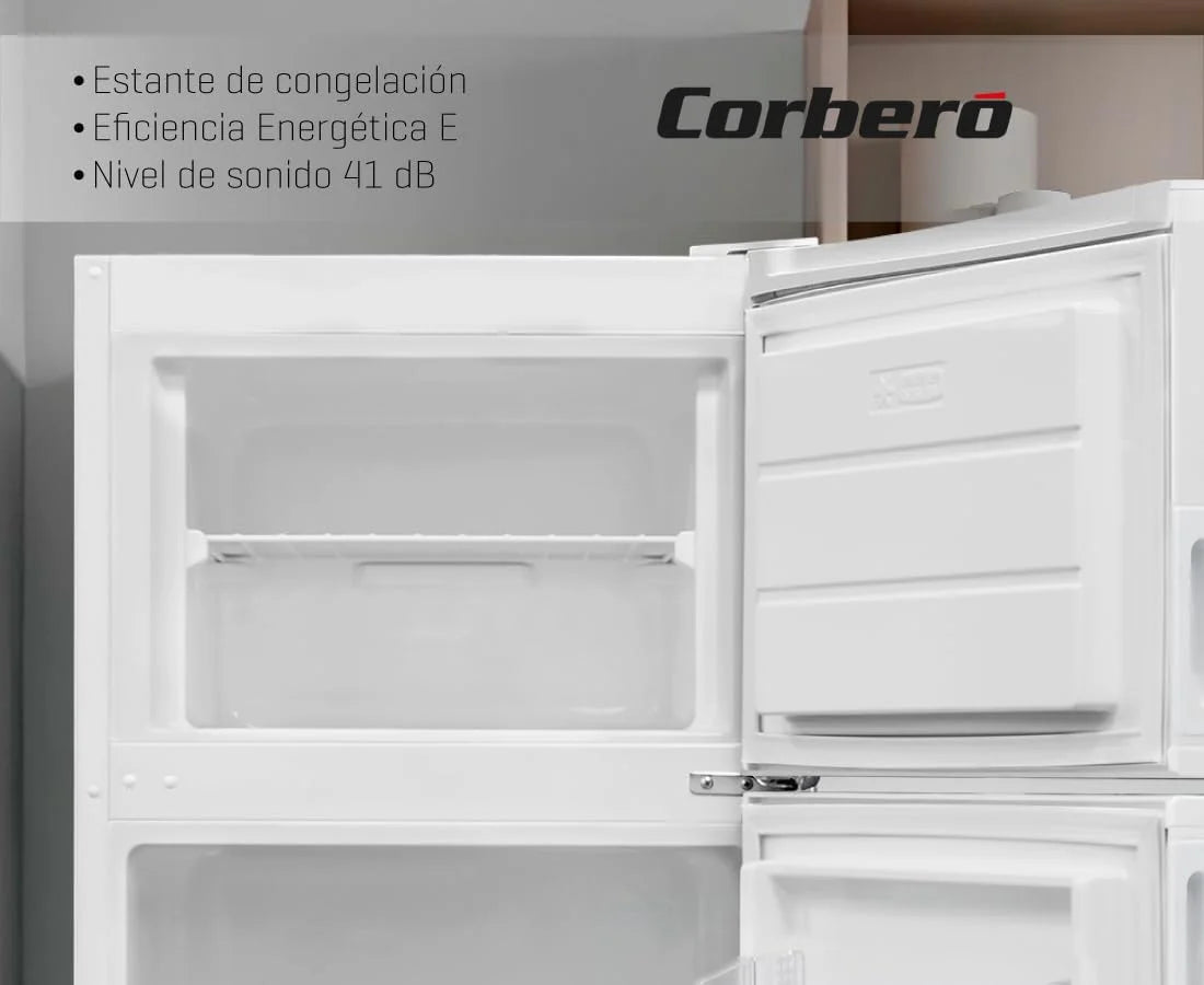 Corberó - Lodówka 2-drzwiowa | CF2PV21324W | 57x54x145 | Pojemność 212L | Oświetlenie wewnętrzne, pojemnik na warzywa, regulowane balkoniki, ręczne rozmrażanie, szklane półki, pojemnik na jajka, pojemniki na lód | Biała