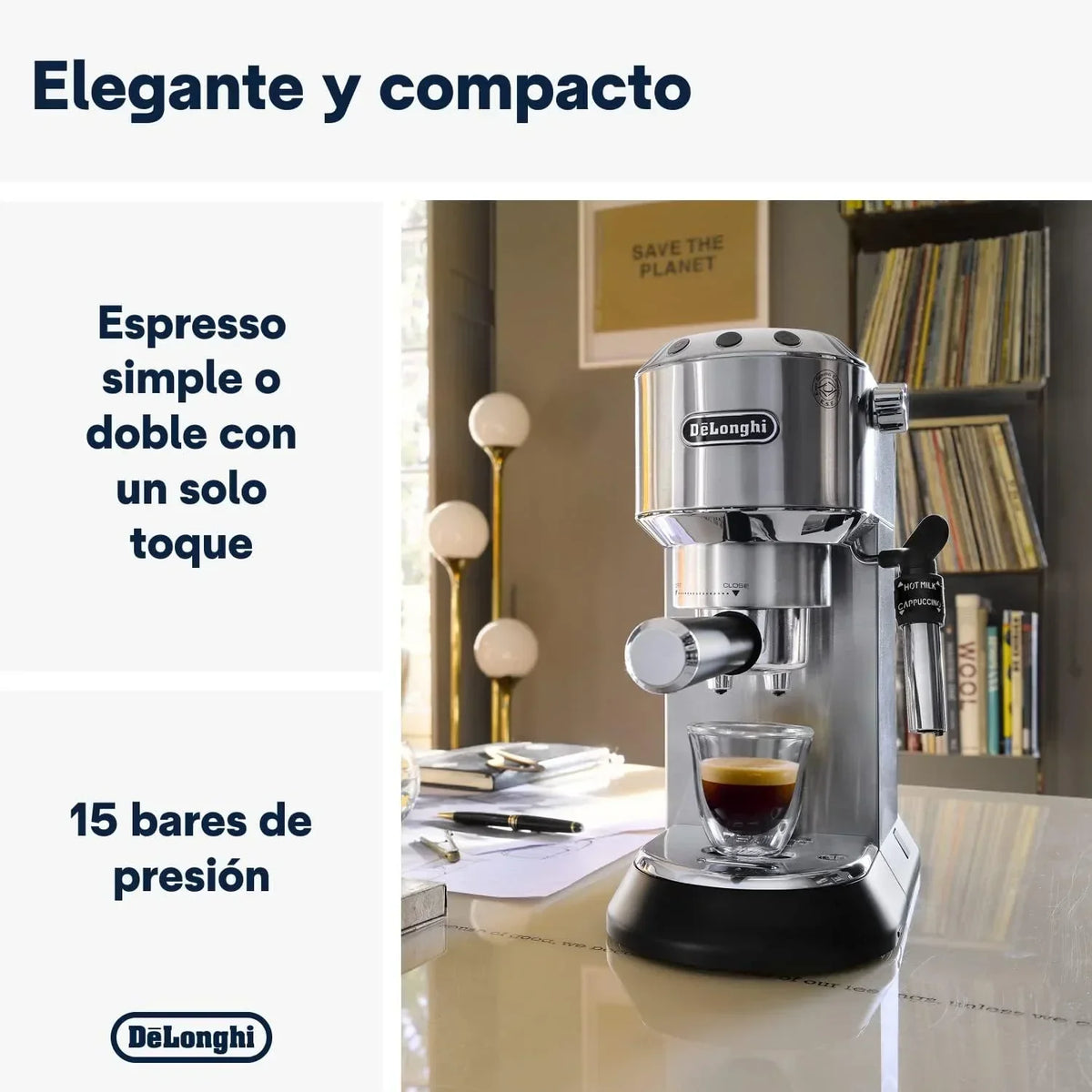De'Longhi Dedica – Ekspres Kolbowy do Kawy Mielonej lub w Saszetkach, Espresso i Cappuccino, Zbiornik 1.3 Litra, System Anti-Drip, Model EC685.M, Kolor Metaliczny