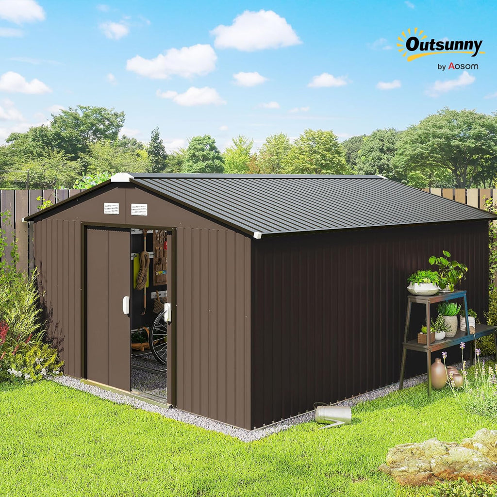 Outsunny Zewnętrzny Domek Ogrodowy, 12,4 m² 340x386x200 cm, Metalowa Szopa Ogrodowa z Dachem z Włókna Szklanego, Drzwiami Przesuwnymi, Wzmocnioną Podstawą (Podłoga NIE W ZESTAWIE) i Oknami Brązowa