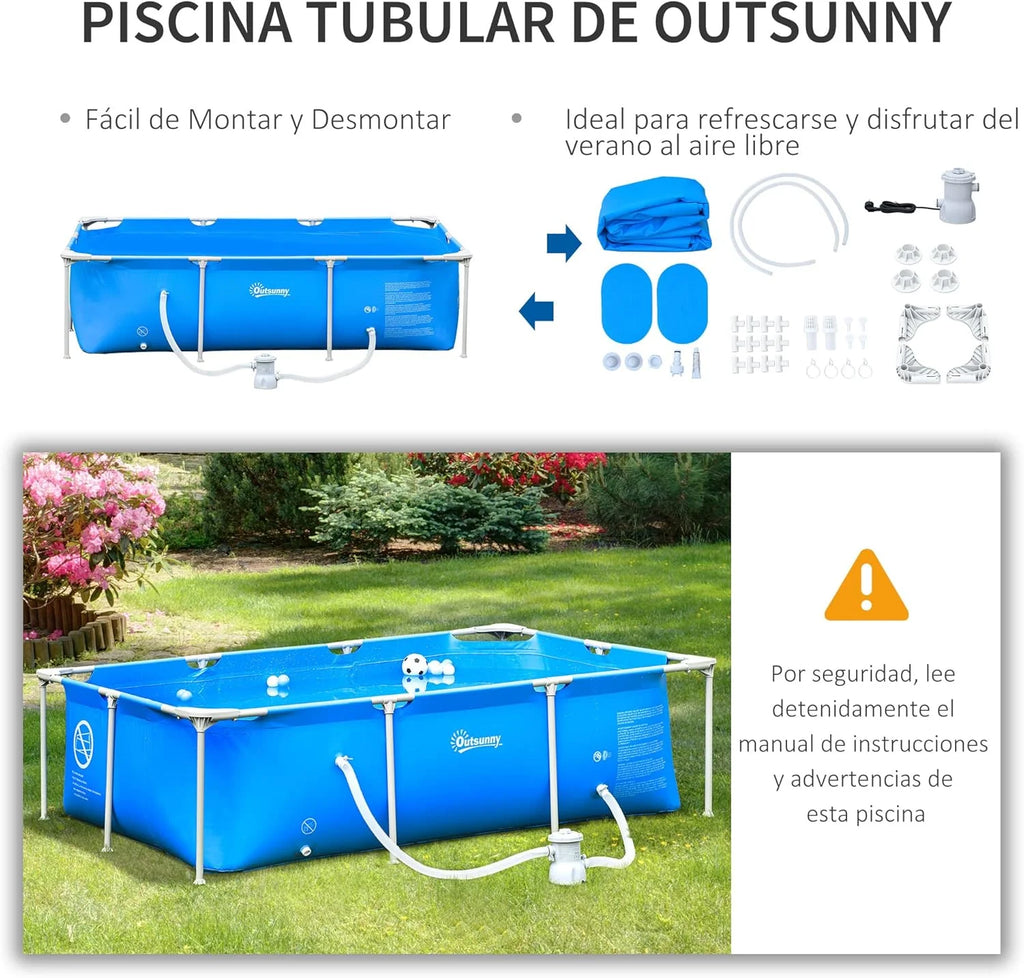 Outsunny Basen Rozporowy 252x152x65 cm z Pompą Filtrującą 1200L/H Prostokątny Basen Ogrodowy dla Dorosłych i Dzieci 2163L Niebieski