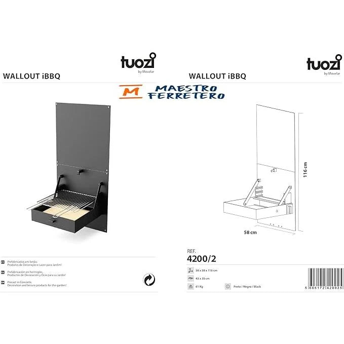 Tuozi – Grill murowany na drewno i węgiel drzewny model Wall Ibbq z płytą ochronną (czarny – 58,5 x 57 x 114 cm) Nr ref.: 4200/2