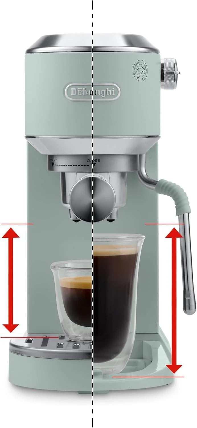 De'Longhi Dedica – Ekspres Kolbowy do Kawy Mielonej lub w Saszetkach, Espresso i Cappuccino, Zbiornik 1.3 Litra, System Anti-Drip, Model EC685.M, Kolor Metaliczny