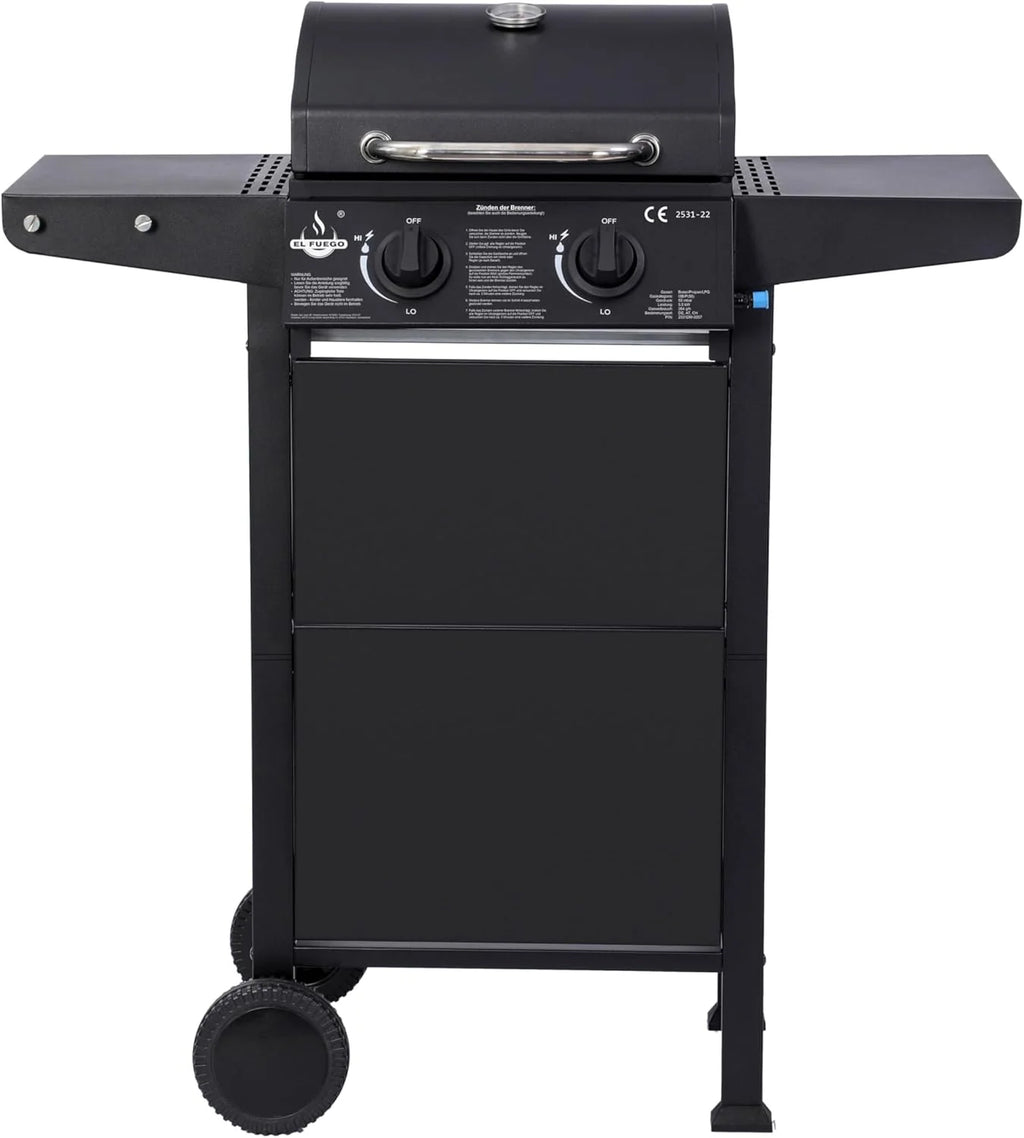 Grill gazowy El Fuego® „San Jose 2 palniki” z wężem gazowym i reduktorem ciśnienia, ruszt żeliwny, z termometrem i dużymi półkami bocznymi, grill BBQ | AY0204