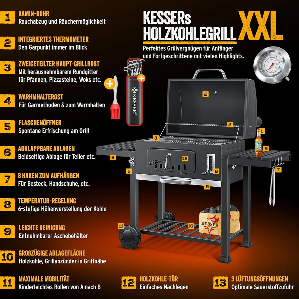 KESSER® Grill węglowy z wózkiem, grillem z pokrywką, kółkami, uchwytem ze stali nierdzewnej | Duży grill węglowy z termometrem BBQ, na kemping, taras, do ogrodu XXL Szary
