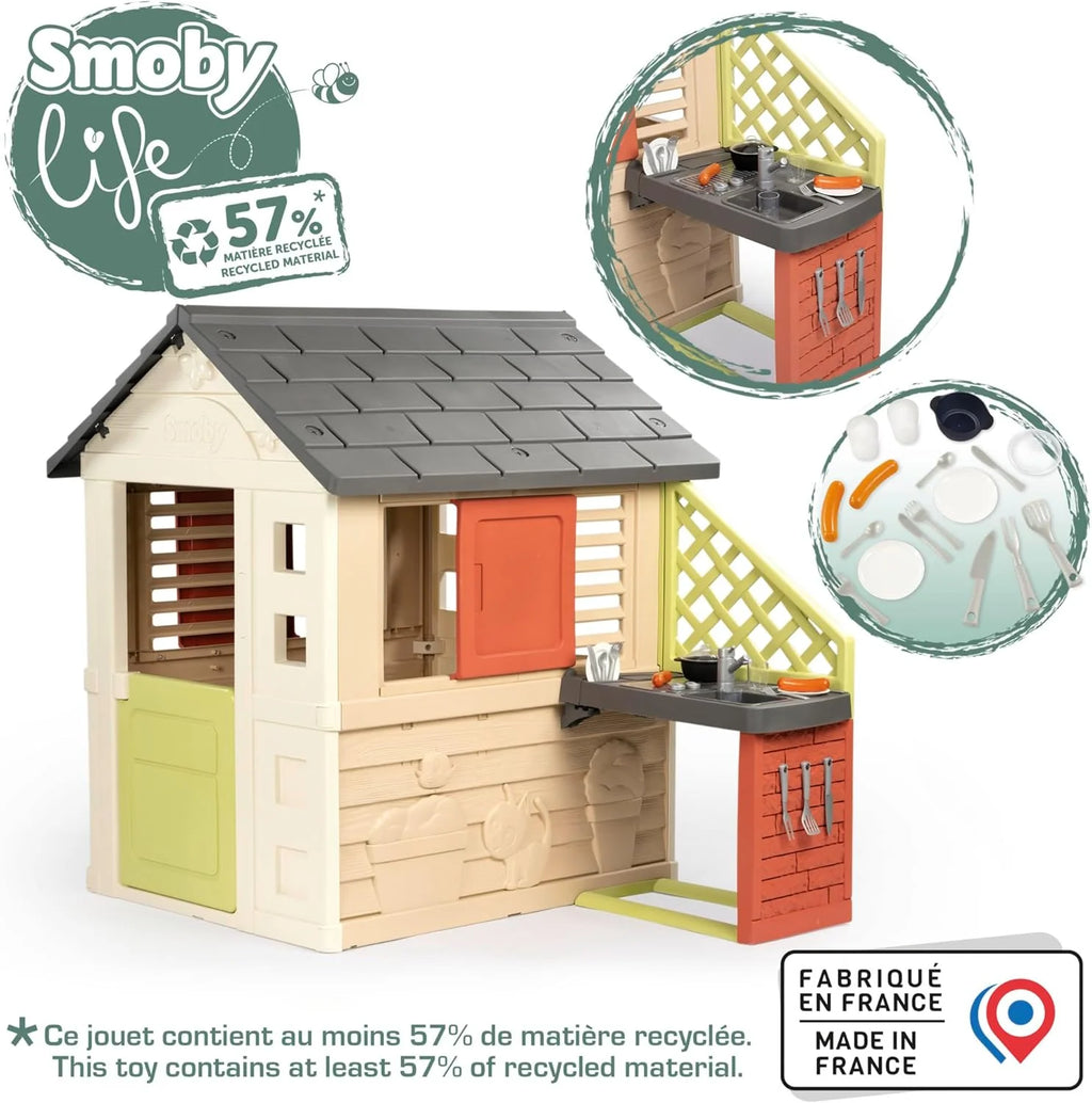 Smoby Life Casa Nature z kuchnią - Domek dla dzieci do użytku wewnątrz i na zewnątrz - Odporny na promieniowanie UV materiał z recyklingu - Od 2 lat - W zestawie kuchnia i akcesoria - (7600810739)