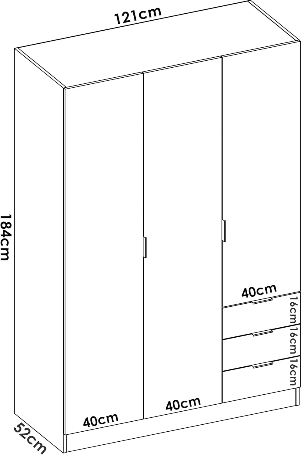 DEKIT GRUPO RIMOBEL Szafa 3-drzwiowa z 3 szufladami - Biała - 121X184X52 cm