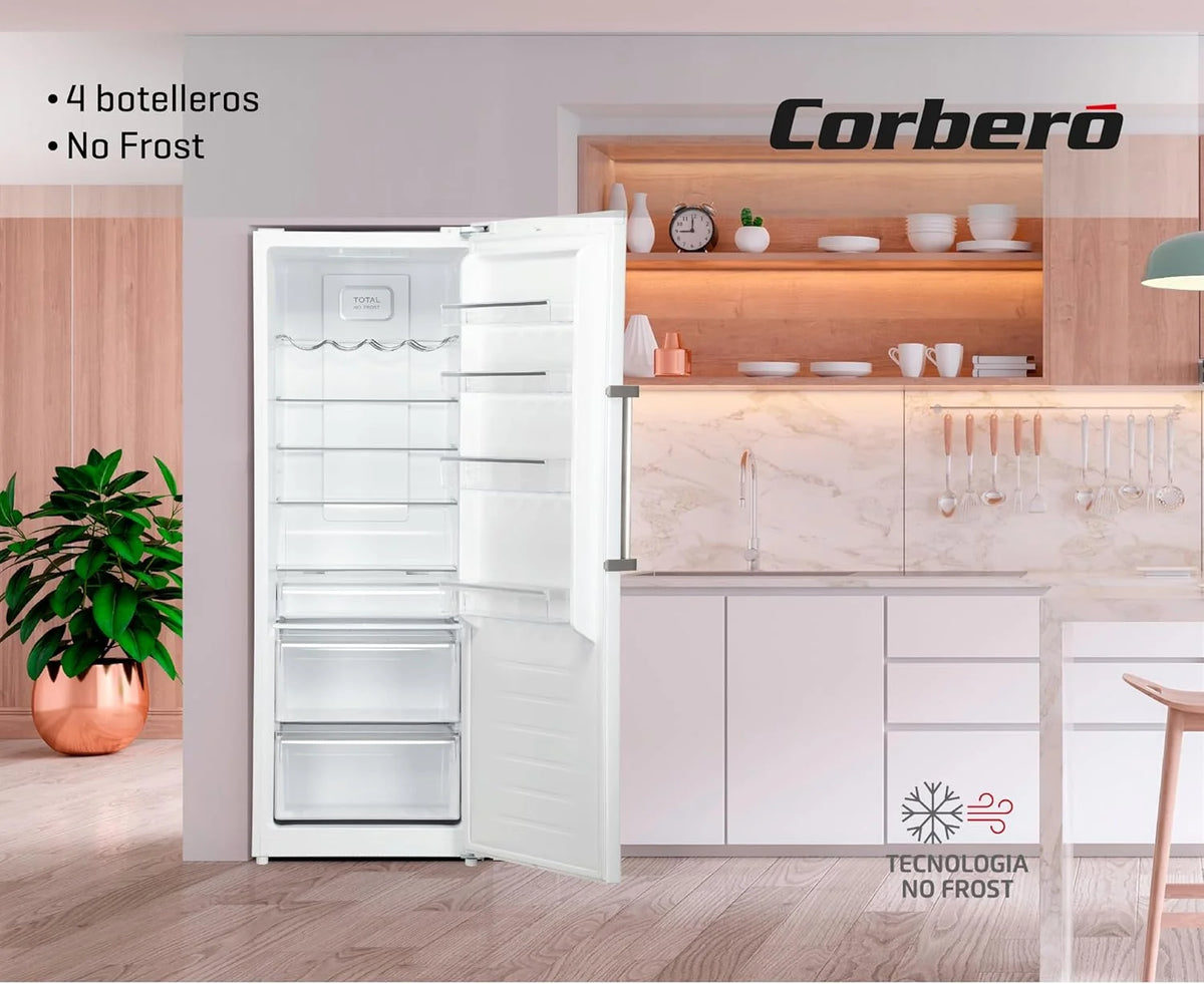 Corberó - Lodówka Jednodrzwiowa | CCLH18524NFW | 65x59,5x185 | Pojemność 359L | No Frost | Wyświetlacz na Drzwiach | Oświetlenie LED | 2 Szuflady XXL na Warzywa | Fresh Box | 4 Półki na Butelki | Uchwyt Easy Open | 40 Db | Inox