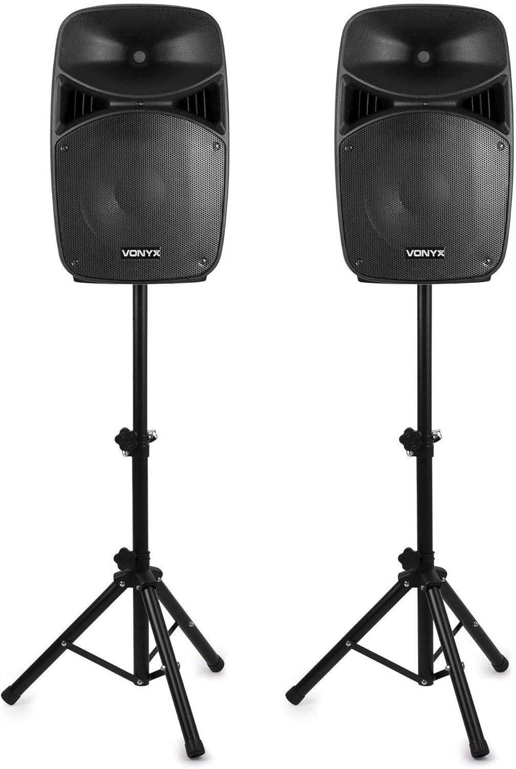 Vonyx VPS152A Aktywny zestaw głośnikowy (2 szt.) 1000 W, przenośny, aktywny/pasywny, Bluetooth, 15 cali, mikrofon przewodowy, pilot, statywy, odtwarzacz MP3 z USB/SD, diody LED