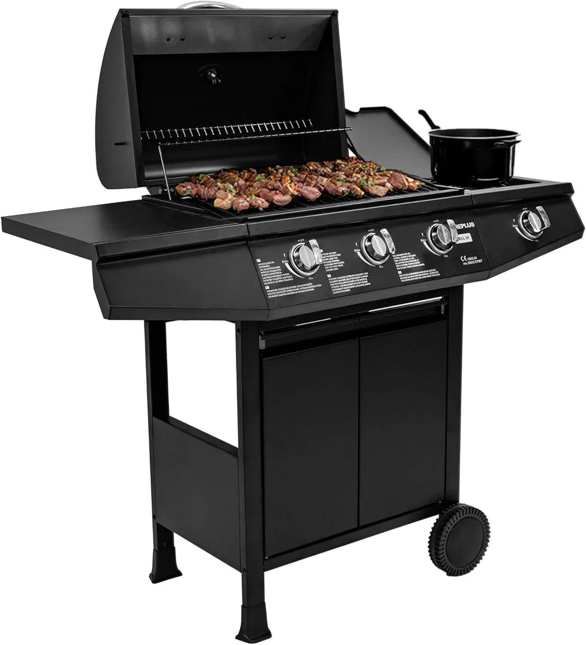 Amig - Grill gazowy Fireplus 3+1 8,4 kW - Czarna stal nierdzewna - Grill na kółkach Model GRILL-3F - Grill XXL z wózkiem i termometrem - 117x52x103cm - 4 palniki i boczna półka