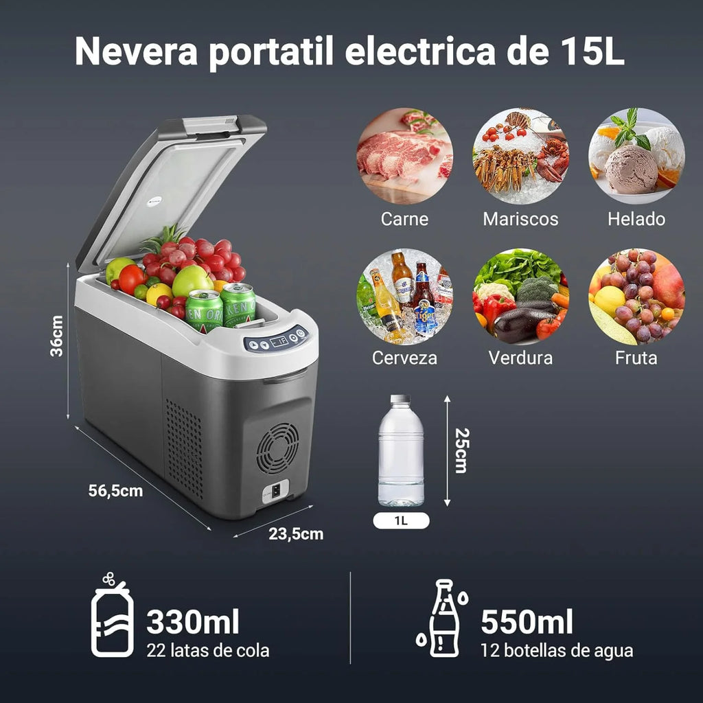 Lodówka przenośna AAOBOSI 15 litrów, lodówka kompresorowa 12V 24V DC, z zakresem chłodzenia od +20℃ do -15℃ do samochodu, ciężarówki, łodzi i kampera