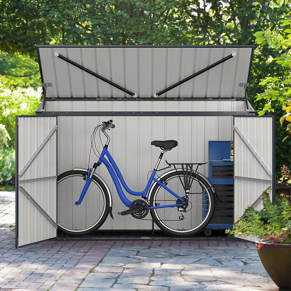 GOPLUS 1,9 m³ Metalowy Domek Ogrodowy z Blachy Ocynkowanej, 193 x 86 x 127 cm, Zewnętrzna Szopa z Podwójnymi Drzwiami z Zamkami, Podnośnik Hydrauliczny, Schowek na Narzędzia, Rowery, Kosze na Śmieci