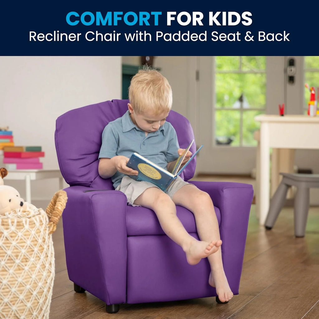 Flash Furniture Contemporary Kids Recliner with Cup Holder, Wood, Beige Vinyl, 26" x 21" x 21"