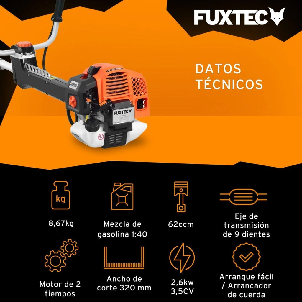 FUXTEC Profesjonalna kosa spalinowa 62 cm³, 3,5 KM, urządzenie wielofunkcyjne 2w1, z paskiem na ramię, system antywibracyjny, podkaszarka wielofunkcyjna, silnik 2-suwowy