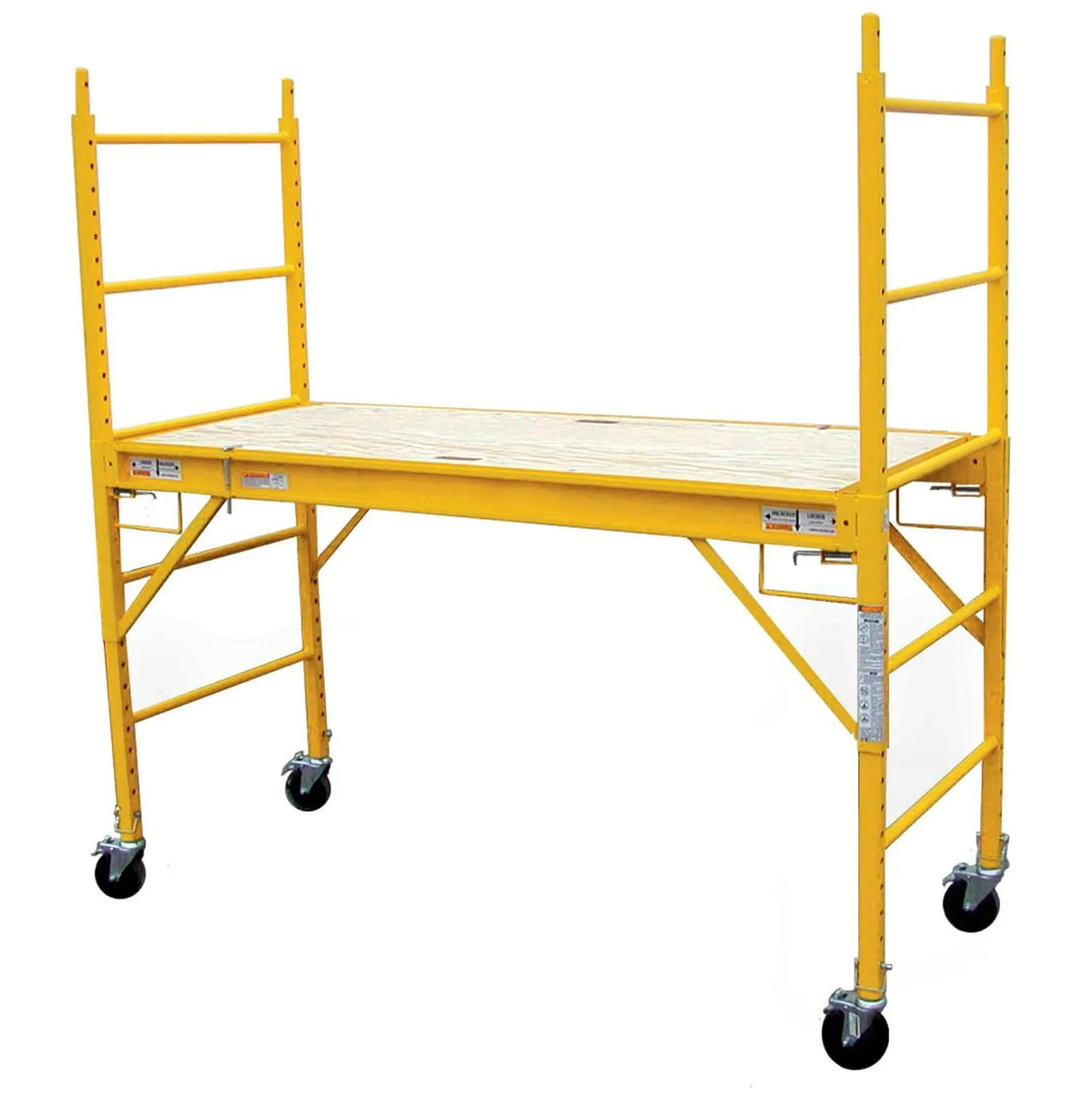 Mobilne składane rusztowanie stalowe Pro Series z drewnianą platformą o nośności 454 kg, wysokość robocza 3,66 m, kompaktowe mini rusztowanie do zastosowań wewnętrznych i zewnętrznych z blokowanymi kółkami.