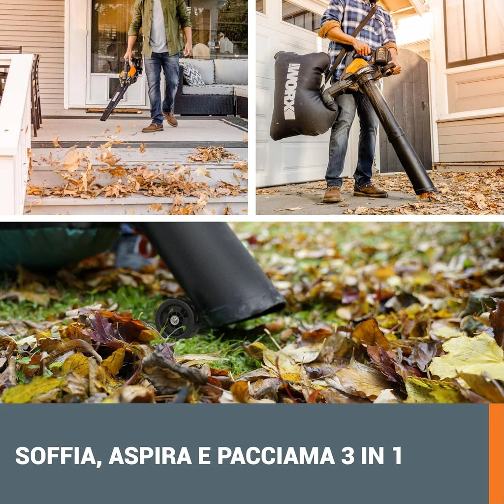 WORX Dmuchawa do Liści 40V Max 2x20V | WG583E | PowerShare |W Zestawie 2 Akumulatory i Podwójna Ładowarka |Funkcja 2w1 Dmuchawa i Odkurzacz – Worek 35L | Dysze w Zestawie | Lekka