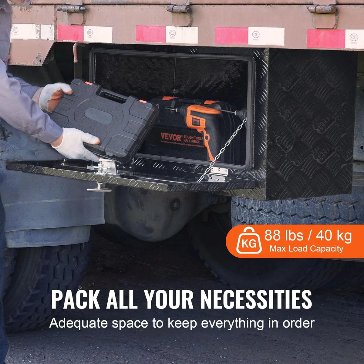 VEVOR Skrzynka Narzędziowa do Samochodu Ciężarowego 914x432x457mm Podramowa Skrzynka Schowek ze Stopu Aluminium Montaż Podwozia z Zamkiem i Kluczami do Przyczep, Samochodów Dostawczych, Czarna