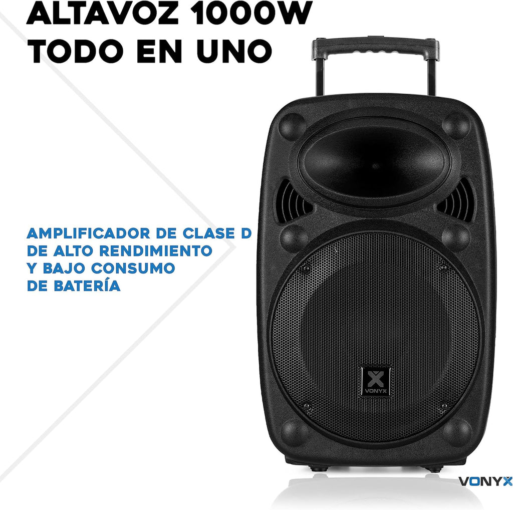 Vonyx Verve46 Mocny Głośnik Bluetooth 1000 W, Przenośny Głośnik Aktywny z Mikrofonem do Karaoke, Głośnik Bluetooth USB, SD, MP3, AUX, 2 Mikrofony UHF, Pilot, Subwoofer 15 Cali, Czarny