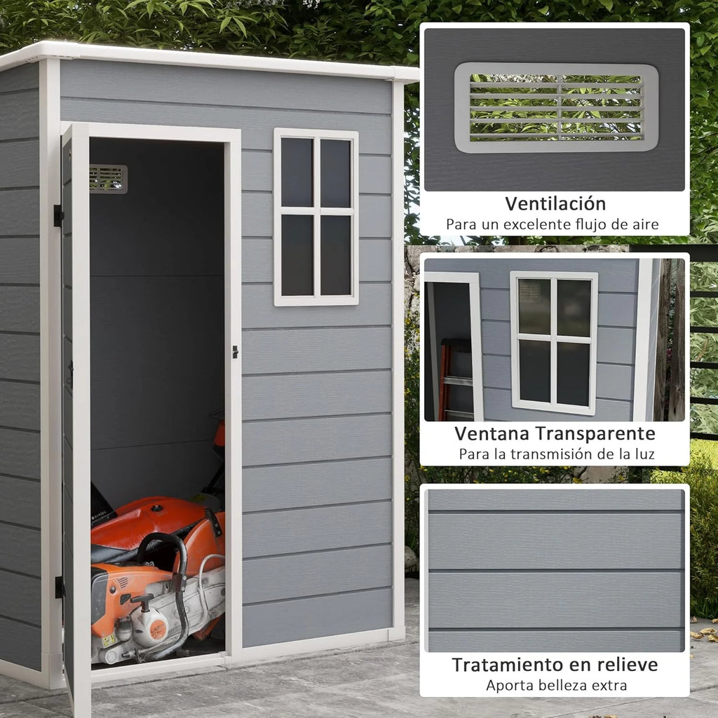 Outsunny Zewnętrzny Domek Ogrodowy, 1,14 m², 151x92x193 cm, Szopa Ogrodowa z Podłogą, Drzwiami Przesuwnymi, Oknem i Spadzistym Dachem, do Przechowywania Narzędzi, Szary