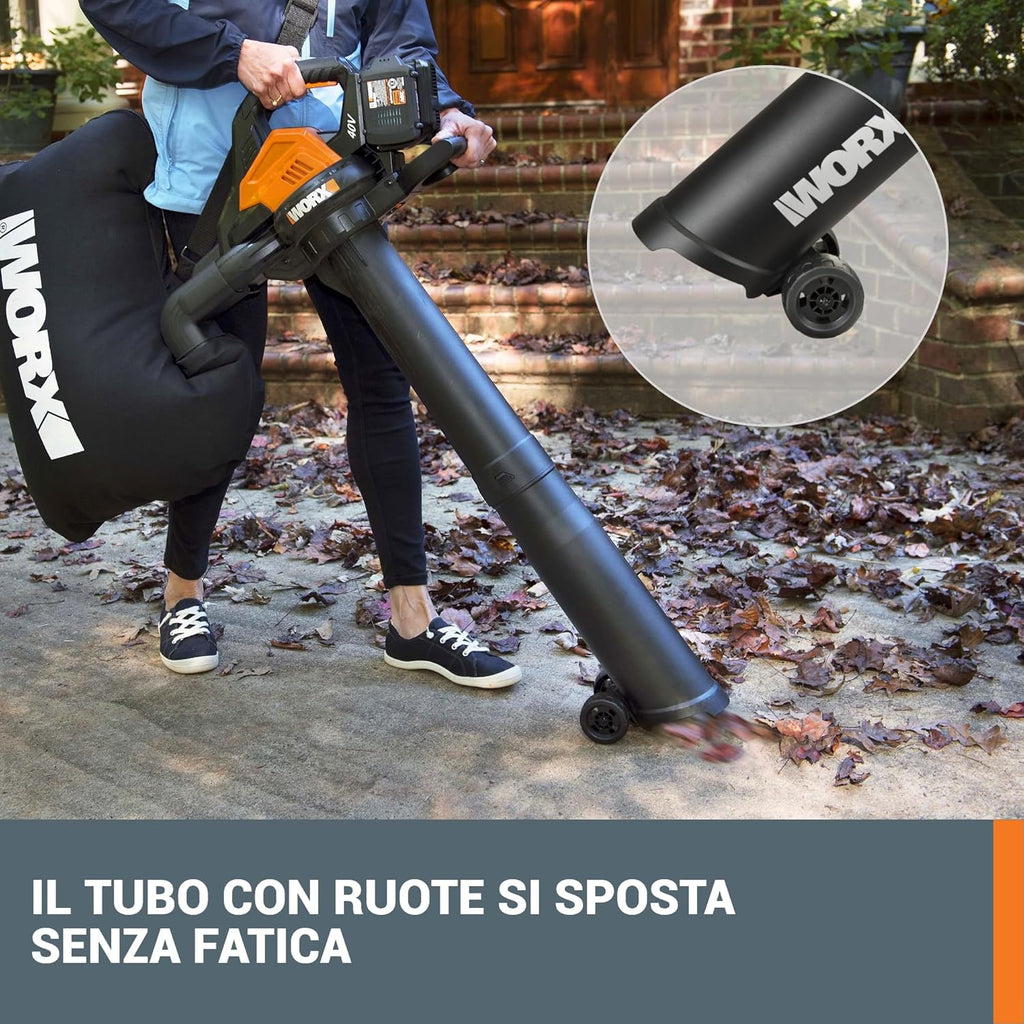 WORX Dmuchawa do Liści 40V Max 2x20V | WG583E | PowerShare |W Zestawie 2 Akumulatory i Podwójna Ładowarka |Funkcja 2w1 Dmuchawa i Odkurzacz – Worek 35L | Dysze w Zestawie | Lekka