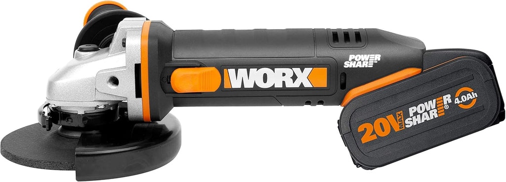 WORX | Szlifierka kątowa 125 mm 20 V | PowerShare | WX803 | W zestawie 2 akumulatory 2 Ah i 4 Ah | Blokada wrzeciona | Przełącznik boczny | Beznarzędziowy system szybkiej regulacji | Uchwyt pomocniczy