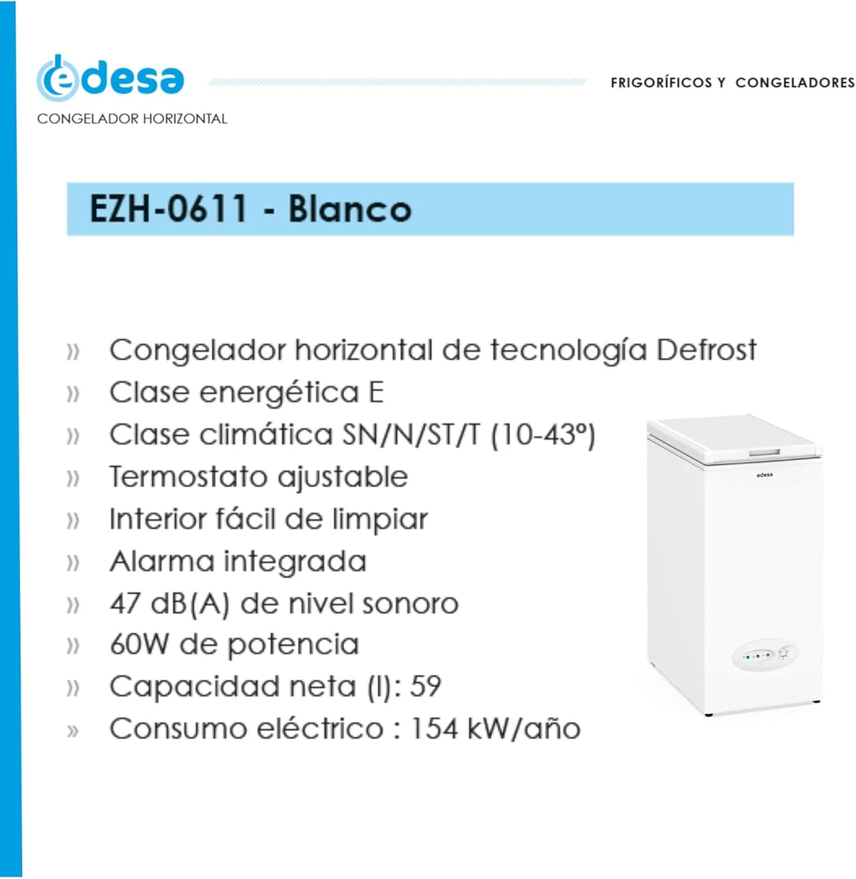 Edesa Congelador Horizontal EZH-0611, Wysokość 0.84 m, Regulowany Termostat, Łatwe Czyszczenie, Wbudowany Alarm, Niski Poziom Hałasu, Duża Pojemność 59 l, Moc 60W, Kolor Biały