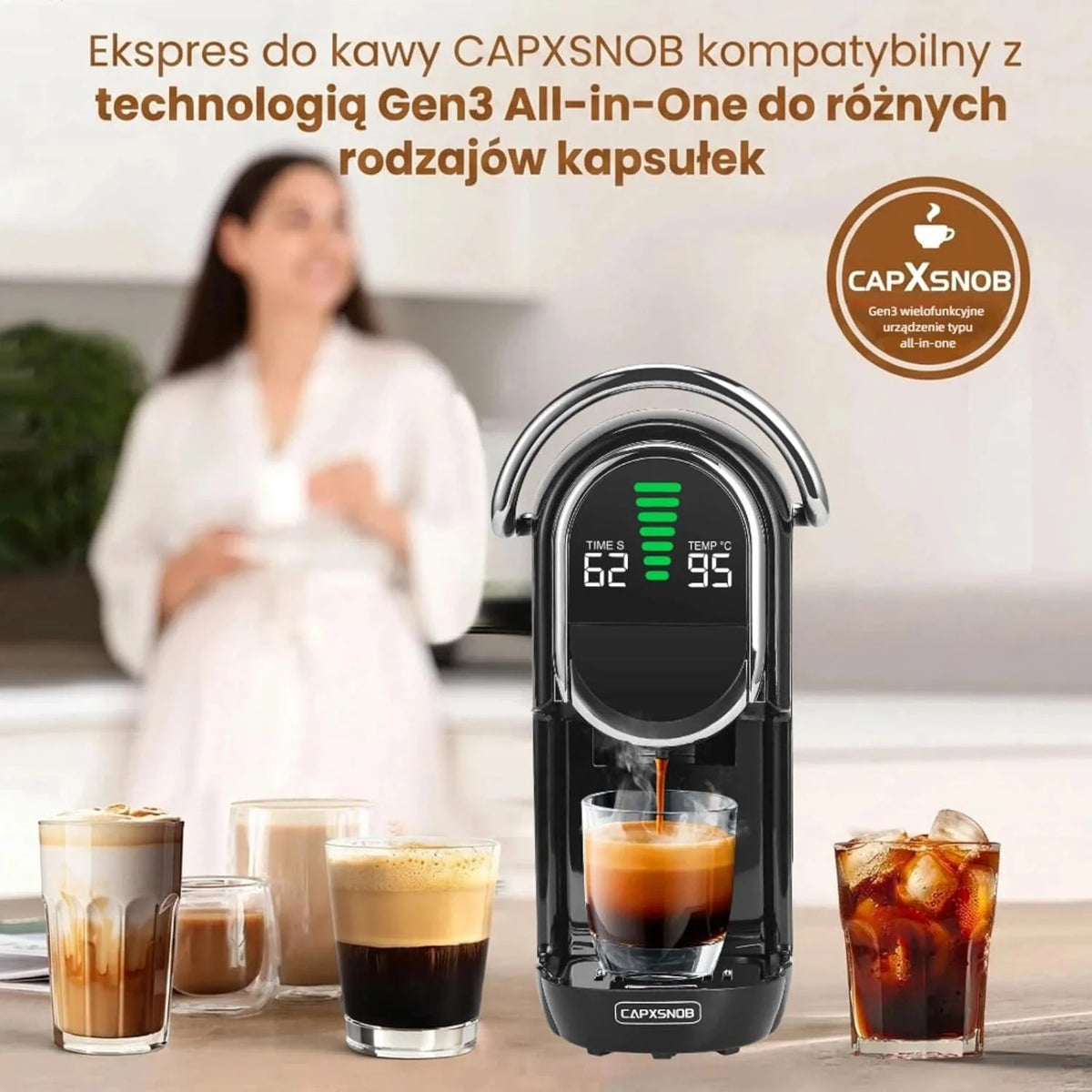 Magician1 Mini ekspres do kawy na wiele kapsułek 5 w 1, do Nespresso, Dolce Gusto, Lavazza A Modo Mio, saszetek ESE 44 mm i kawy mielonej, włoska pompa 20 barów, 1450W, wyświetlacz LED, do domu i biura