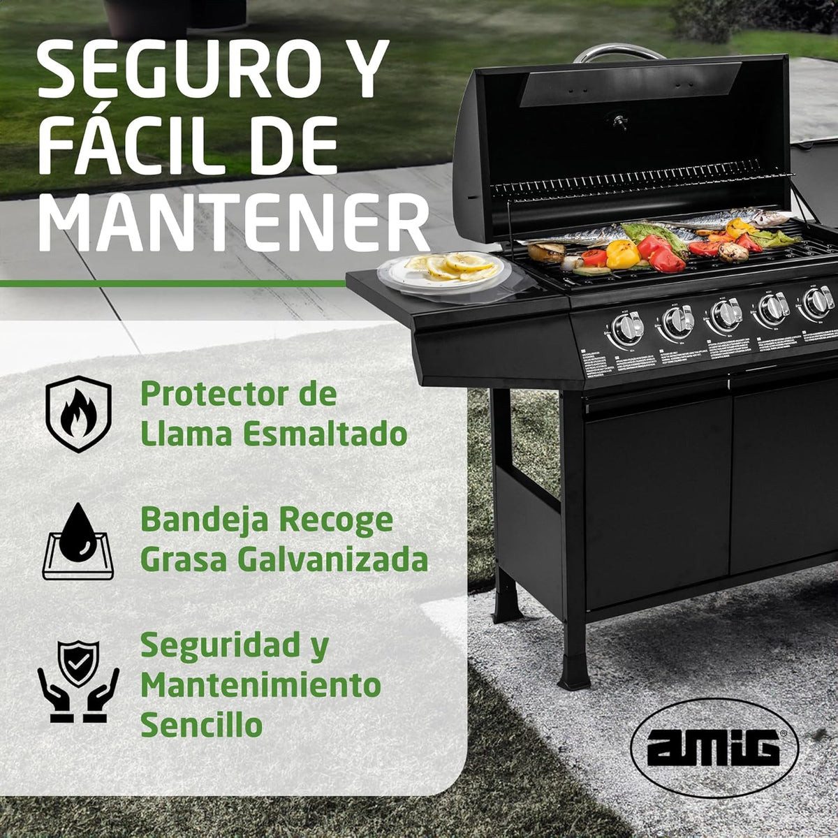 Amig - Grill gazowy Fireplus 6+1 o mocy 12,9 kW - Czarna stal nierdzewna - Ruszt na kółkach Model GRILL-6F - Grill XXL z wózkiem i termometrem - 138x52x103 cm - 7 palników i boczna półka