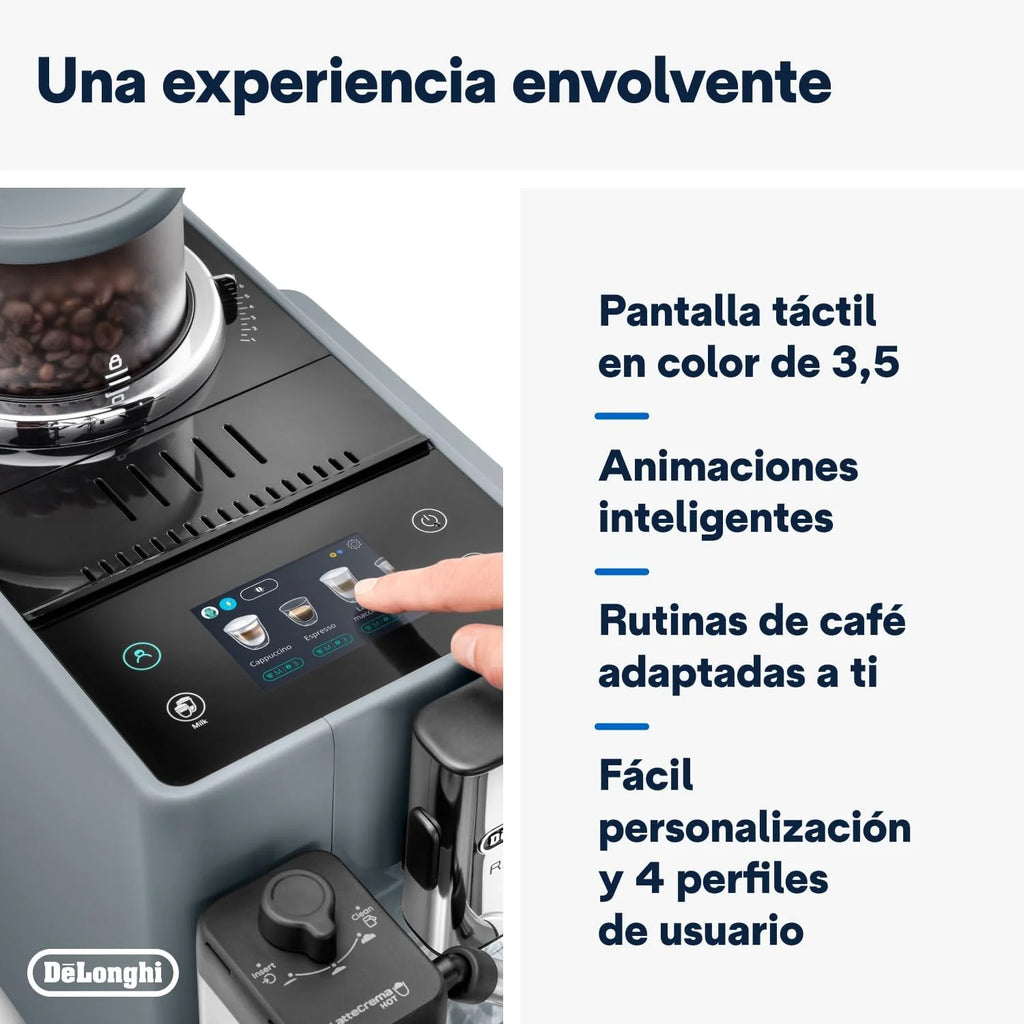 De'Longhi Rivelia EXAM440.55.G, Ekspres automatyczny z LatteCrema Hot, Automatyczny spieniacz do mleka, Kompaktowy rozmiar, 16 przepisów, Kolorowy ekran dotykowy, Szary