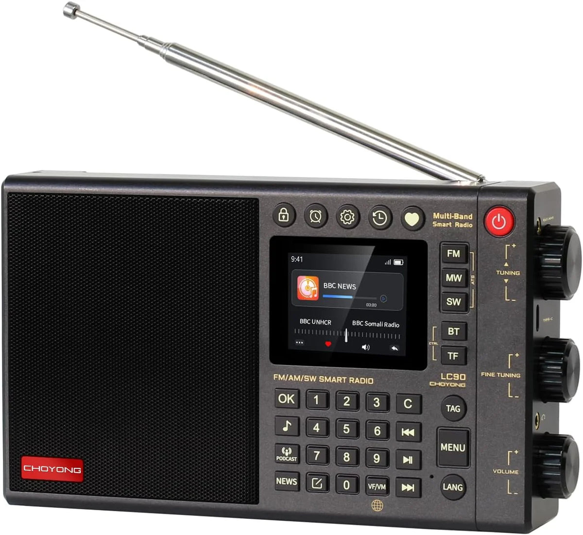 CHOYONG LC90 WIFI/4G - Przenośne inteligentne radio multibandowe AM/FM, odbiornik fal długich i krótkich z SSB, Bluetooth, karta Choyoung