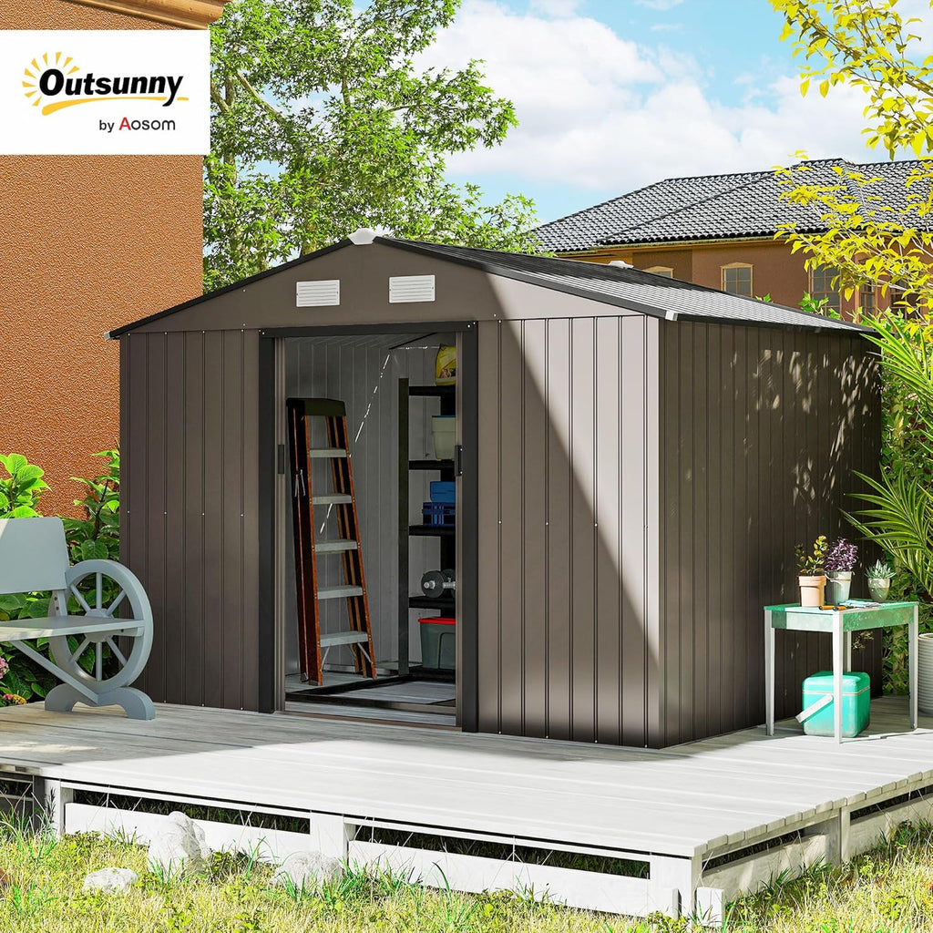 Outsunny Metalowy Domek Ogrodowy, 5 m², 277x195x192 cm, Metalowa Szopa Ogrodowa z 2 Przesuwnymi Drzwiami, Wzmocnioną Podstawą (Podłoga NIE Wchodzi w Skład Zestawu) i 4 Oknami, Brązowy