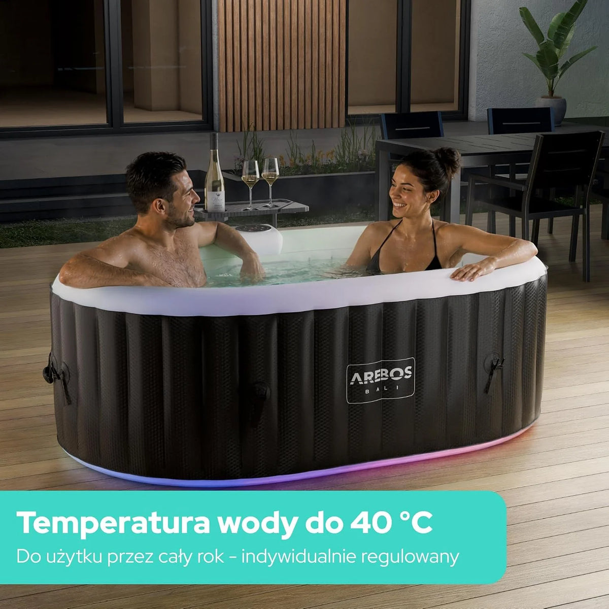 Arebos Nadmuchiwane spa z oświetleniem LED | Nadmuchiwane | Do użytku wewnętrznego i zewnętrznego | 190x120 cm Owalne | 2 osoby | 90 dysz masujących | Z ogrzewaniem | 550 litrów | Pokrywa w zestawie | Spa bąbelkowe