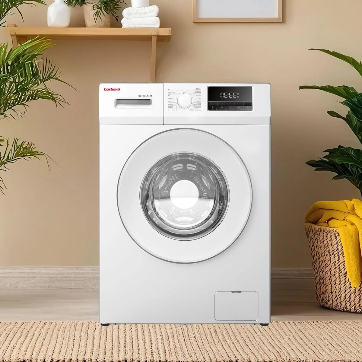 Corberó - Pralka Ładowana Od Przodu Premium 8kg | CLT8BL1424 | 1400 obr./min | Silnik Inverter, 16 Programów, Opóźnienie Startu 3-24 Godziny, Szybkie Pranie 15-30 Min., Drzwi XXL | Biały