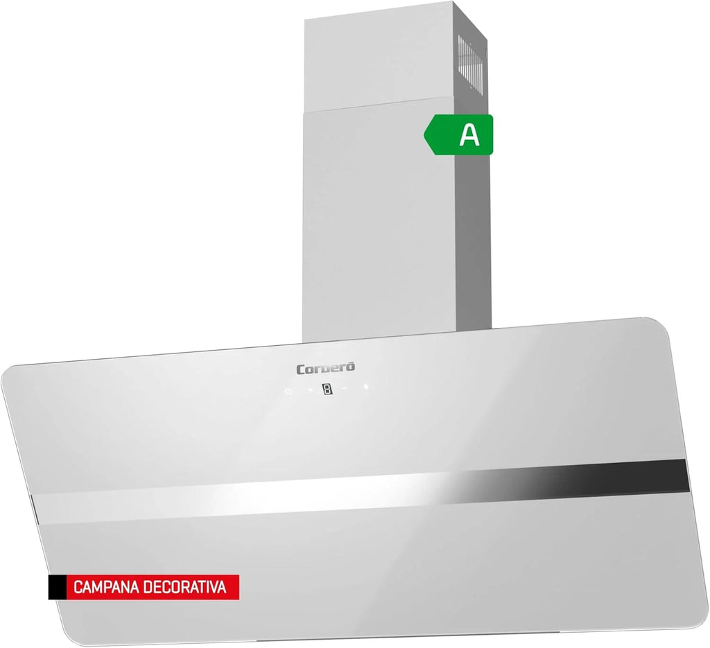 Corberó - Okap Kuchenny 90 cm | VICTORIA960W | 594,2 m3/h| 67db| 165W, |3 prędkości, | Sterowanie dotykowe |Szkło hartowane | Filtr aluminiowy + filtr węglowy | Białe szkło