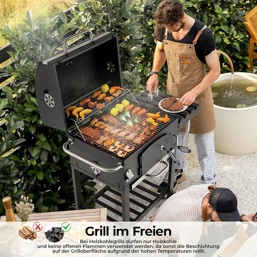 Grill Węglowy XXL, Grill Węglowy z Kominem i Pokrywą, Grill Wózkowy BBQ Smoker z Kółkami i Termometrem, Duży Grill Węglowy do Biwakowania i Ogrodu