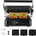 AMZCHEF Grill Elektryczny z 6 Programami, Funkcja Smażenia w Temp. do 280°C, Tryb Manualny, Czujnik Temperatury, Wyjmowane Płyty i Tacka na Gofry, Idealny do Mięsa, Ryb, Panini i Gofrów