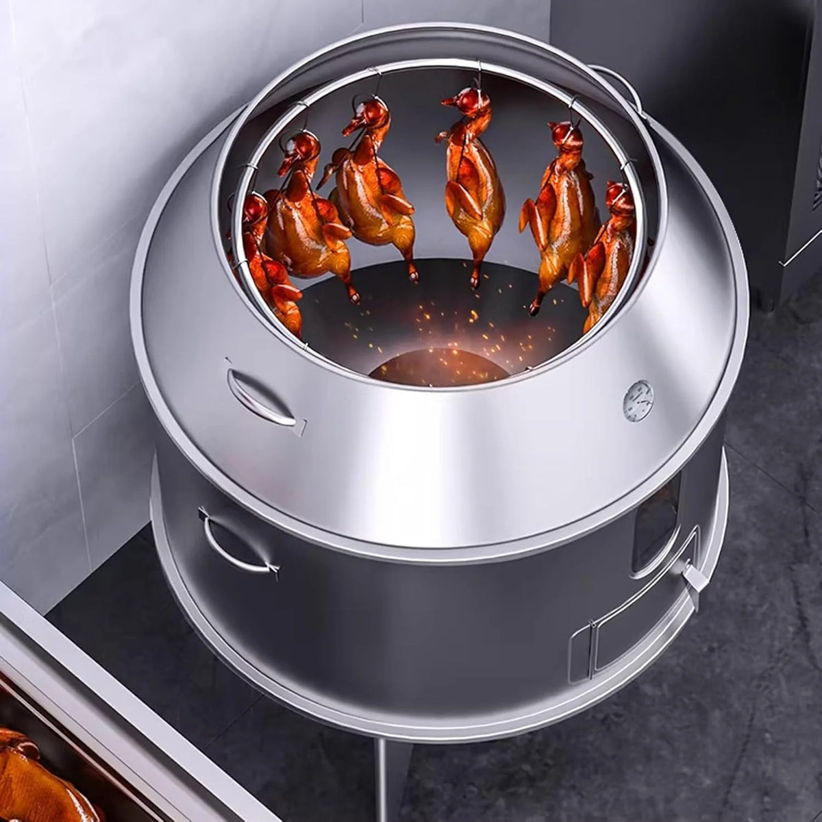 Wędzarnia Grill Beczkowy Dużej Pojemności Wykonany ze Stali Nierdzewnej W Pełni Zmywalny Okrągły Piekarnik Wiszący 360° Z Termometrem i Centralnymi Drzwiczkami Przenośny Grill