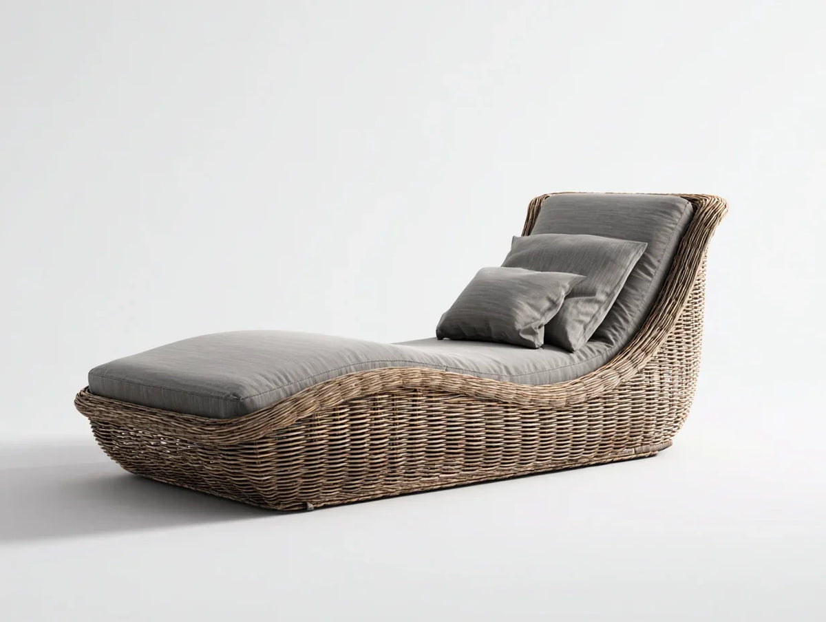 Leżak ogrodowy 195x70x85 cm - pleciony rattan i szara poduszka - ergonomiczny design do ogrodu i na taras - nowoczesny naturalny styl