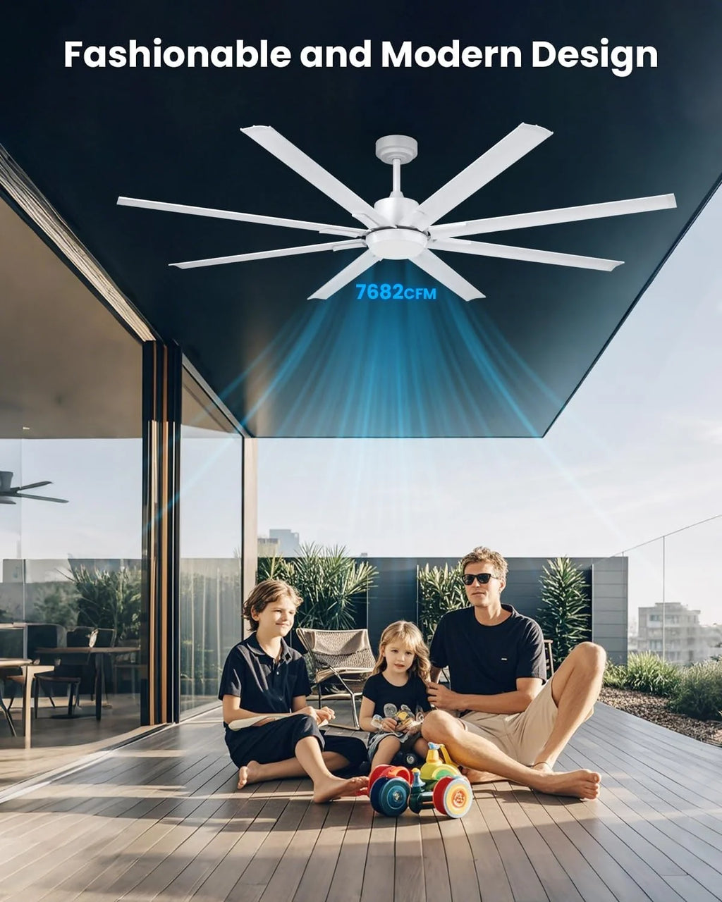 Wentylator sufitowy z oświetleniem i pilotem 183 cm Extra Duży, 8 Aluminiowych Łopatek, Cicha Lampa Sufitowa z Odwracalnym Silnikiem DC do Użytku Zewnętrznego na Tarasie, do Dużego Pomieszczenia