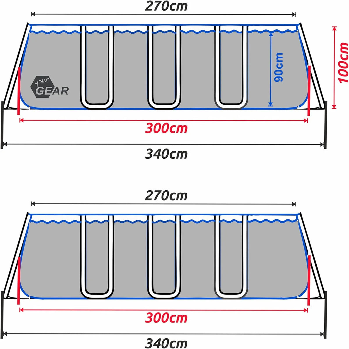 yourGEAR Basen Rodzinny XL 3x3m - Basen Ogrodowy z Wytrzymałą Stalową Ramą, 8100L