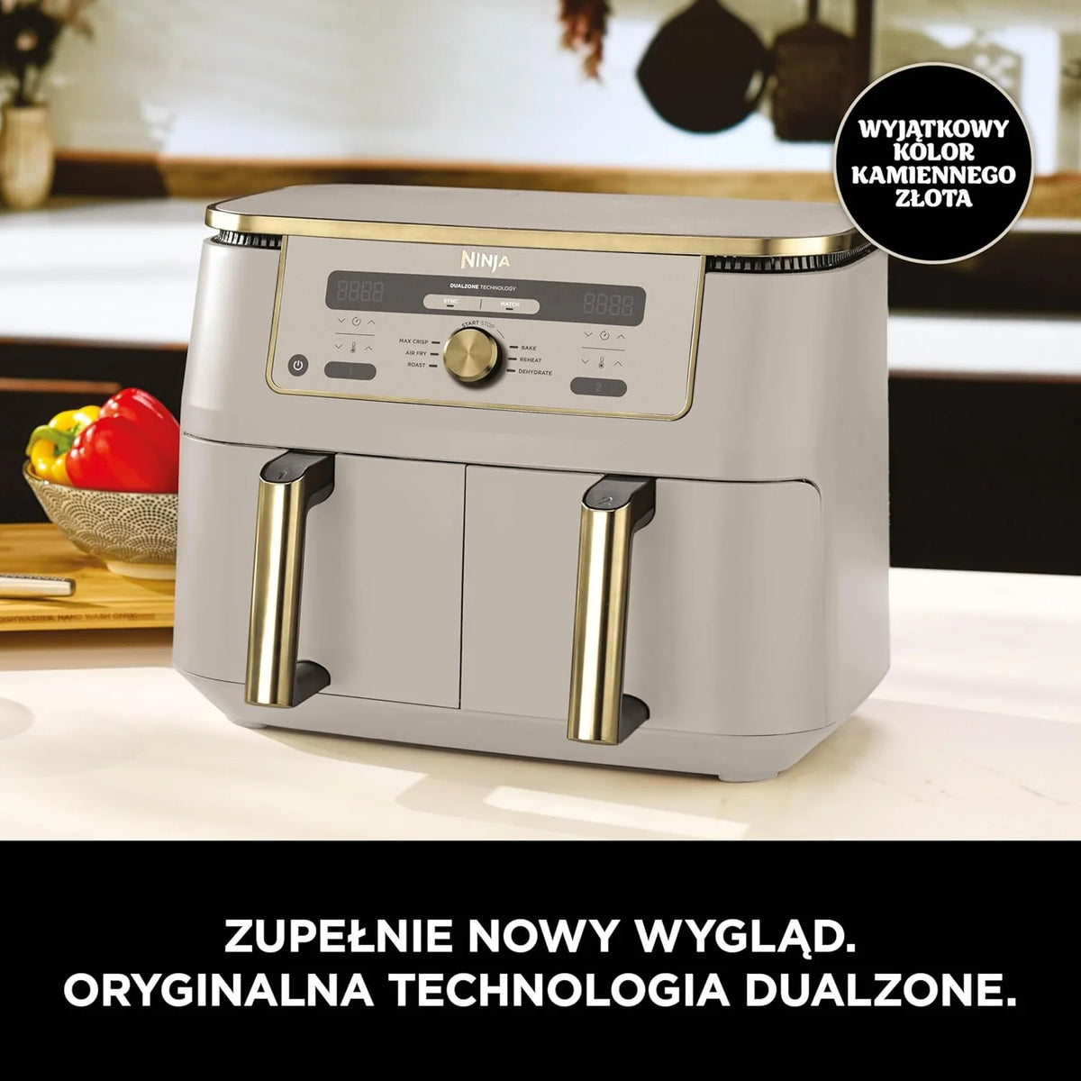 Ninja MAX Dwustrefowa frytownica, 2 szuflady, 9,5 l, zero oleju, Air Fry, Max Crisp, Roast, Bake, Reheat, Dehydrate, nieprzywierające kosze do mycia w zmywarce, Złoty odcień kamienia, DZ400EUSTGD