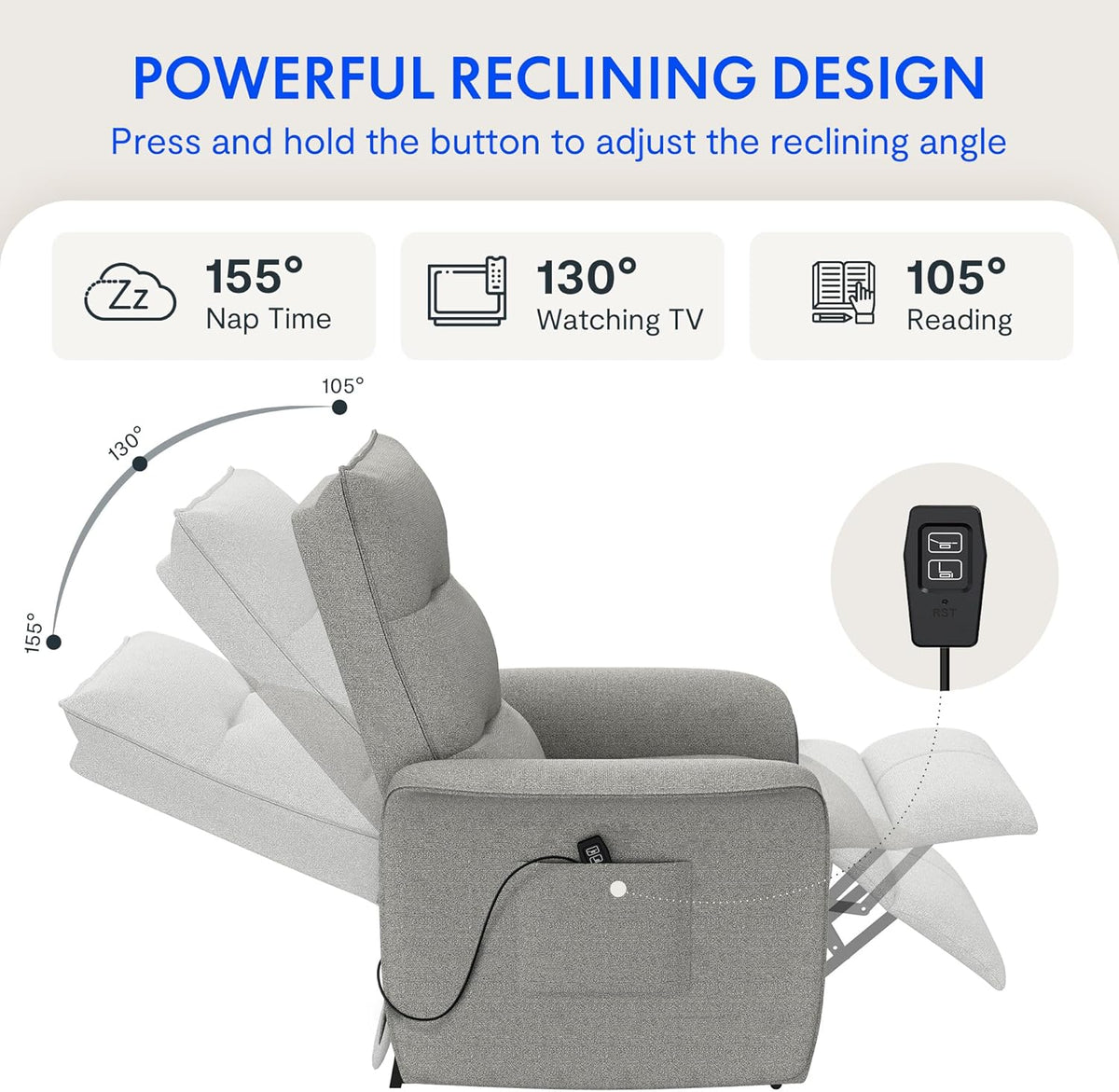 FLEXISPOT Elektryczny Fotel Relaksacyjny z Regulowanym Oparciem, Odchylany od 105° do 155°, Fotel Rozkładany, Ergonomiczna Sofa Relaksacyjna do Sypialni, Salonu i Kina Domowego (Ciemnoszary)