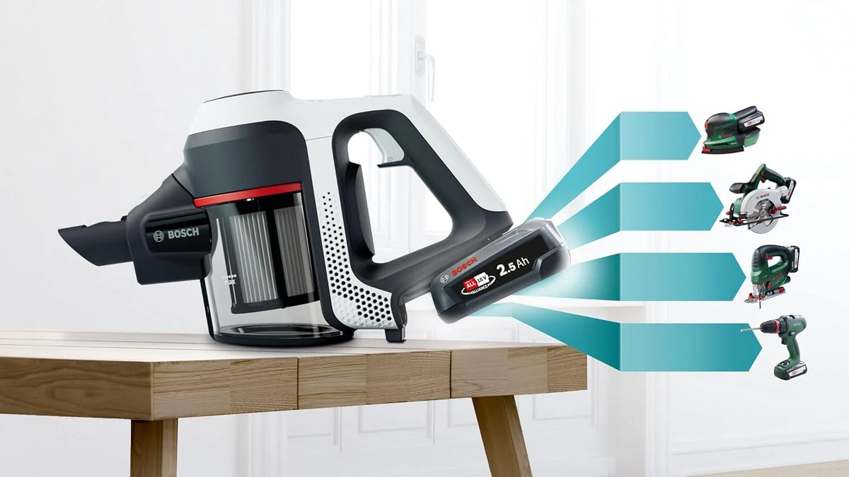 Bosch BBS611AM Unlimited Seria | 6 – Odkurzacz 2w1 pionowy i ręczny, bezworkowy i bezprzewodowy, akumulator 18V, kolor biały