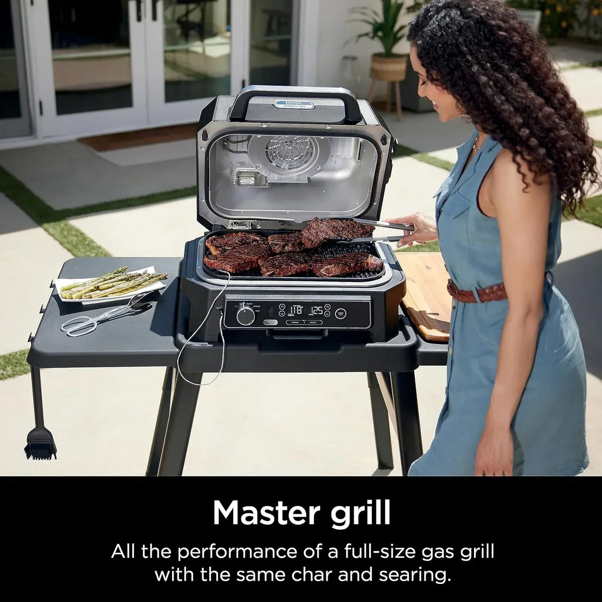 Ninja Woodfire Pro XL 4 w 1, grill i wędzarnia ogrodowa, termometr, główny grill 4 w 1, grill wędzarniczy, zewnętrzna frytkownica powietrzna, piekarnik, przenośny, grill elektryczny, ciemnoszary, model OG850