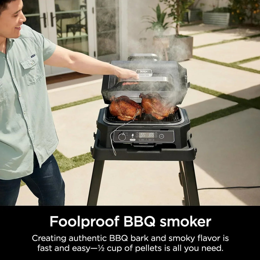 Ninja Woodfire Pro XL Grill i Wędzarnia Zewnętrzna, termometr, master grill 4 w 1, grill wędzarniczy, zewnętrzna frytownica powietrzna, piekarnik, przenośny, grill elektryczny, ciemnoszary, model OG850, 2026