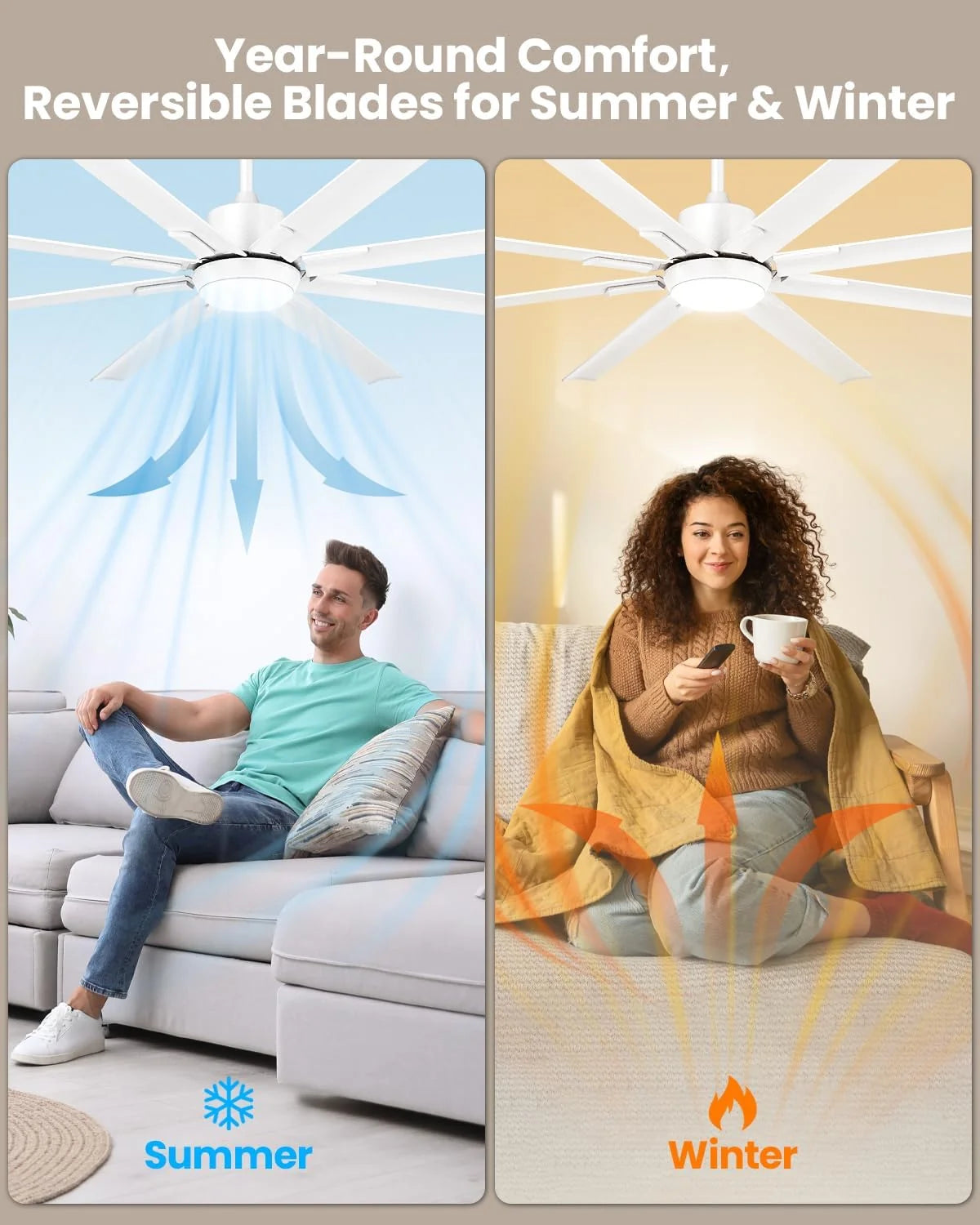 Wentylator sufitowy z oświetleniem i pilotem 183 cm Extra Duży, 8 Aluminiowych Łopatek, Cicha Lampa Sufitowa z Odwracalnym Silnikiem DC do Użytku Zewnętrznego na Tarasie, do Dużego Pomieszczenia