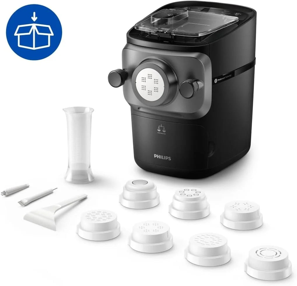 Philips Pasta Maker z serii 7000 - Technologia ProExtrude, Automatyczne ważenie, 8 tarcz do makaronu, Idealne ciasto, Łatwe czyszczenie, Czarny (HR2665/93)