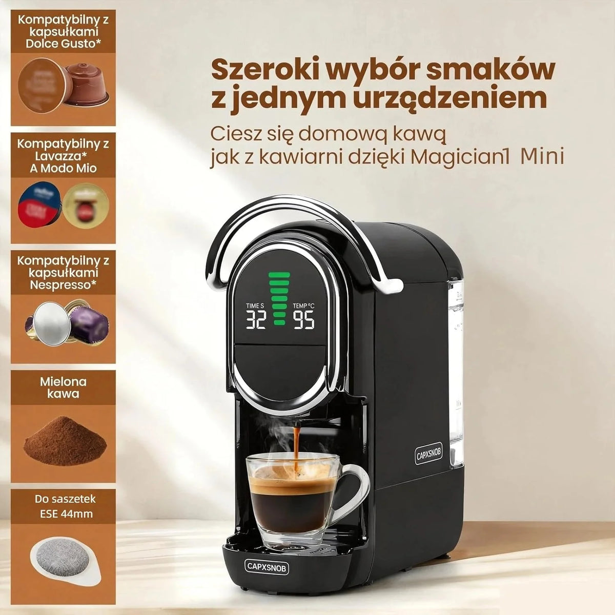Magician1 Mini ekspres do kawy na wiele kapsułek 5 w 1, do Nespresso, Dolce Gusto, Lavazza A Modo Mio, saszetek ESE 44 mm i kawy mielonej, włoska pompa 20 barów, 1450W, wyświetlacz LED, do domu i biura